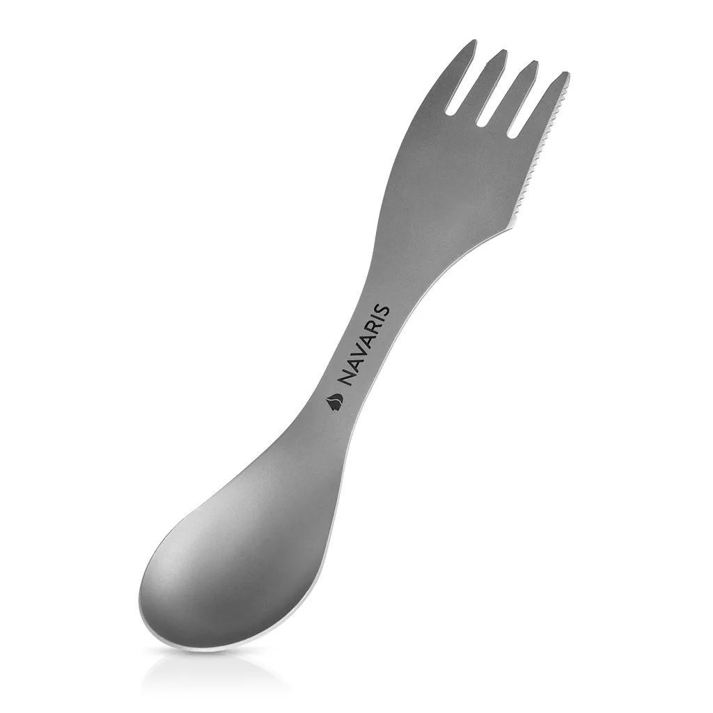 Navaris 3in1 Titan Camping Besteck - Outdoor Göffel Spork - Messer Löffel Gabel inkl. Tasche - Ultraleichte Essbesteck Kombi - Reisebesteck in Grau